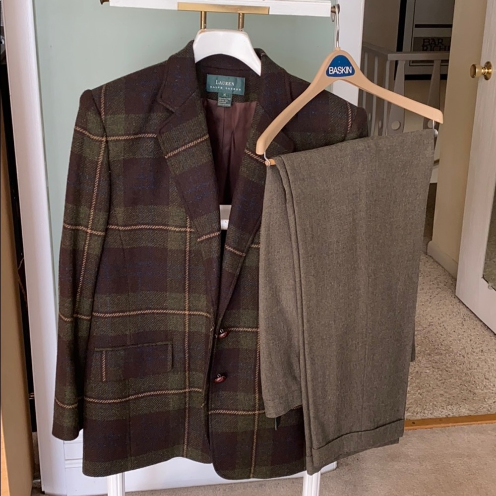 Wool lined plaid blazer and pleated pants